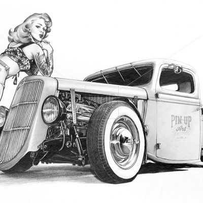 Hot Rod Pin Up Girl drawing pencil on paper.