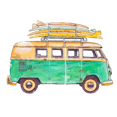 Watercolor and pen of Volkswagen Bus Bulli, with surfboards