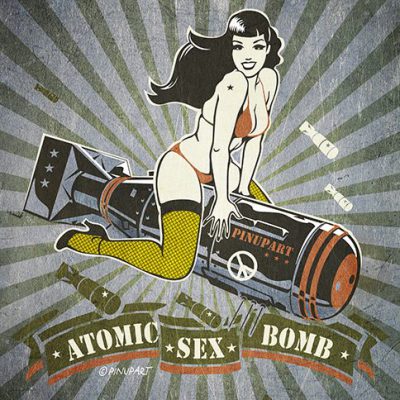 Pin up Bettie Page riding bomb Adobe Illustrator drawing