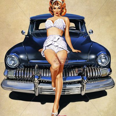 Pin up with ol American car Ford Mercury - digital art painting