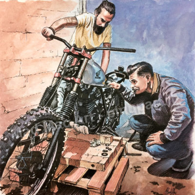 Watercolour and ink painting of scrambler motorbike tuning in garage 
